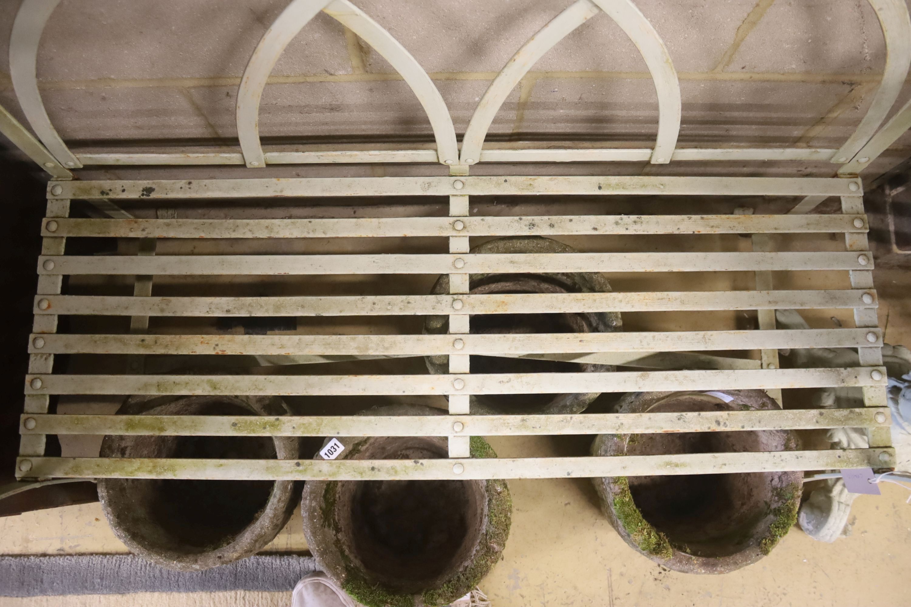 A 19th century painted wrought iron garden bench, length 112cm, depth 52cm, height 85cm